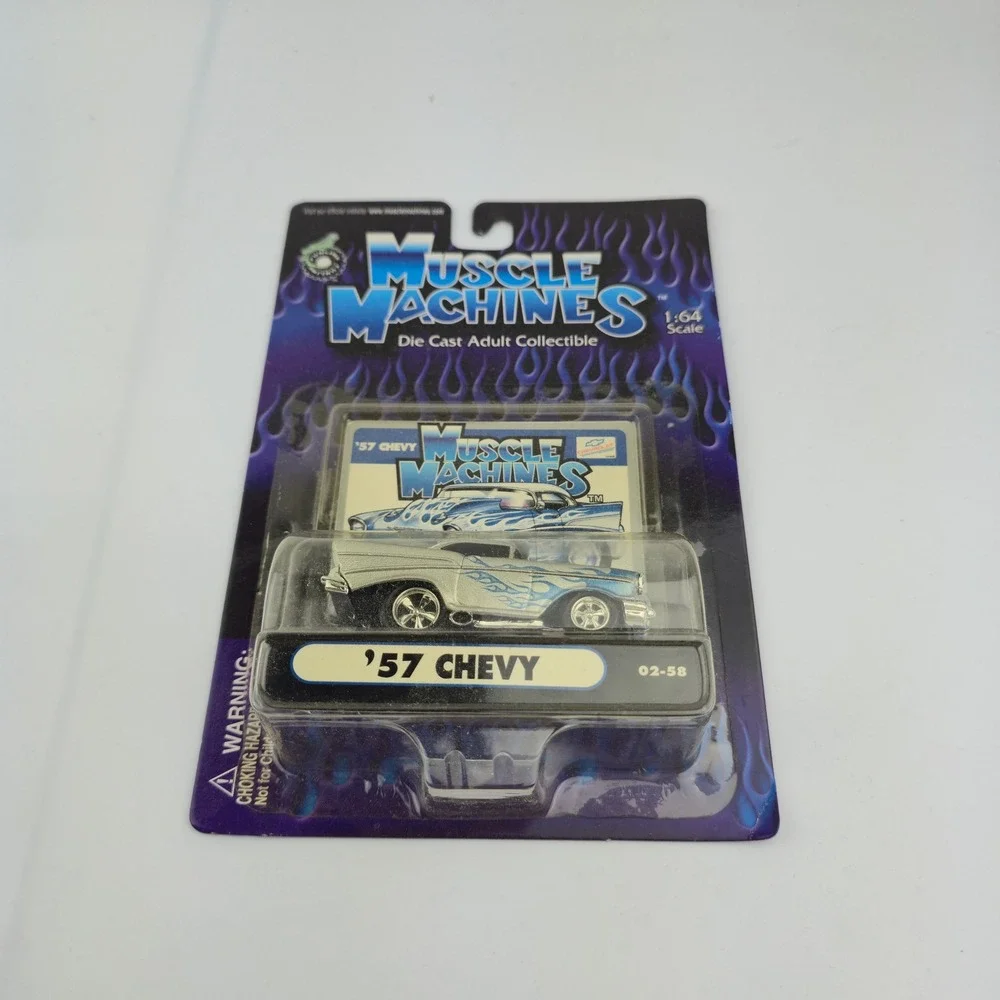 Vintage Muscle Machines 57 Chevy Die Cast Car 1/64 Silver Blue Flames 02-58